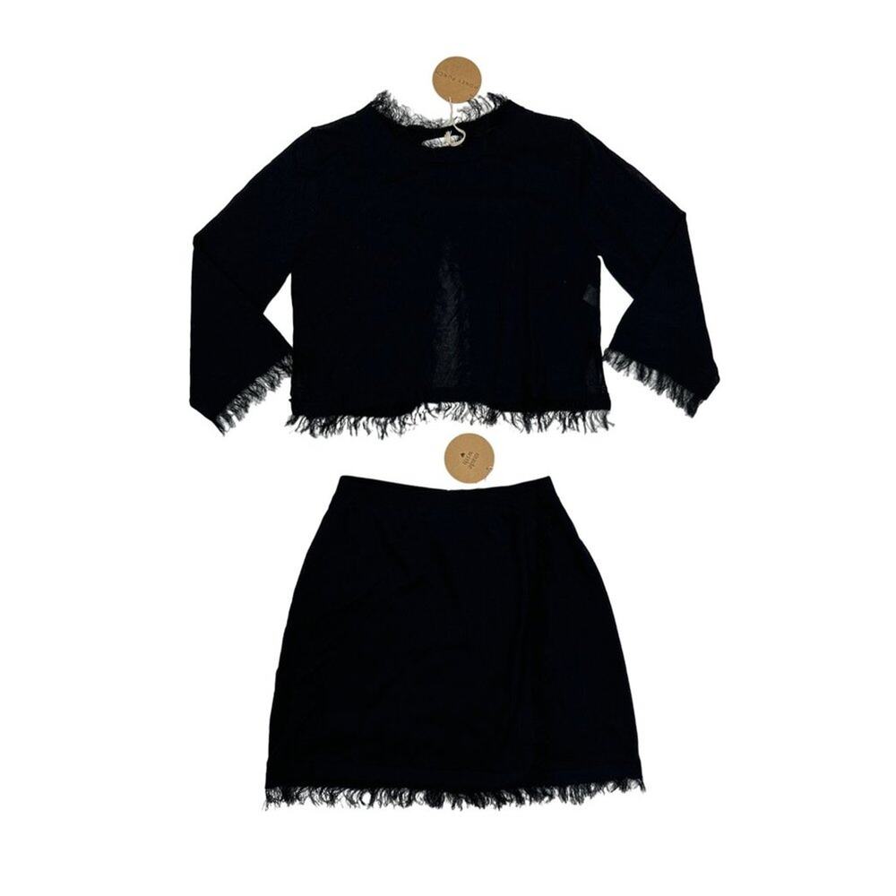 Honey Punch - Frayed Edge Mini Skirt & Long Sleeve Slit Back Top Set in Black